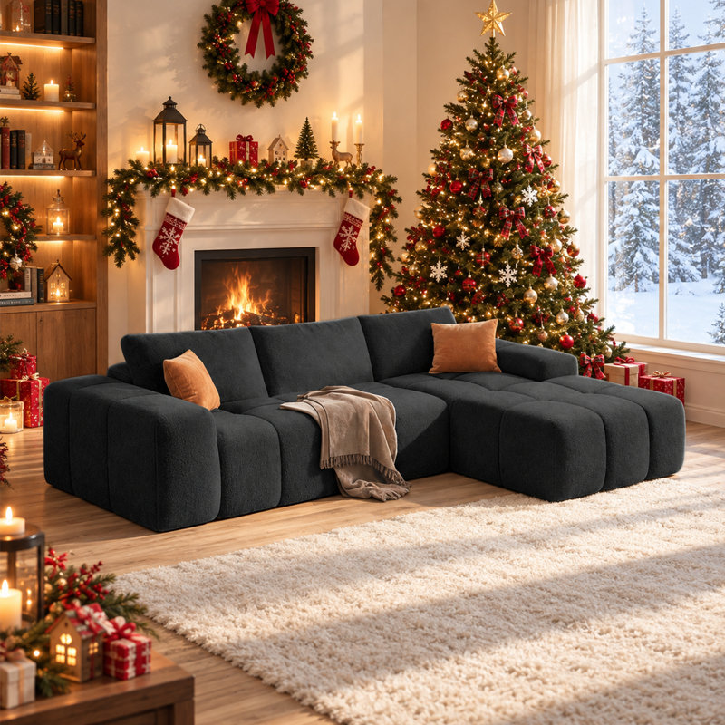 Modular Block L-Shaped Sectional Sofa, Convertible Cloud Floor Couch, High Resilience Foam, RAF Chaise