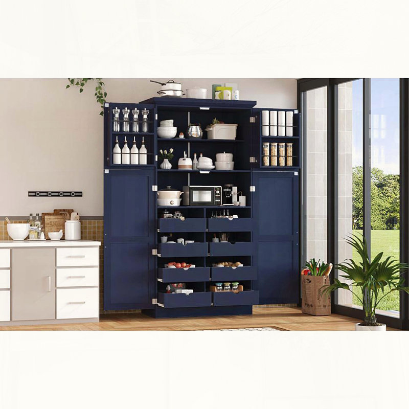 Freestanding Kitchen Pantry with 8 Pull-out Trays, Blue
