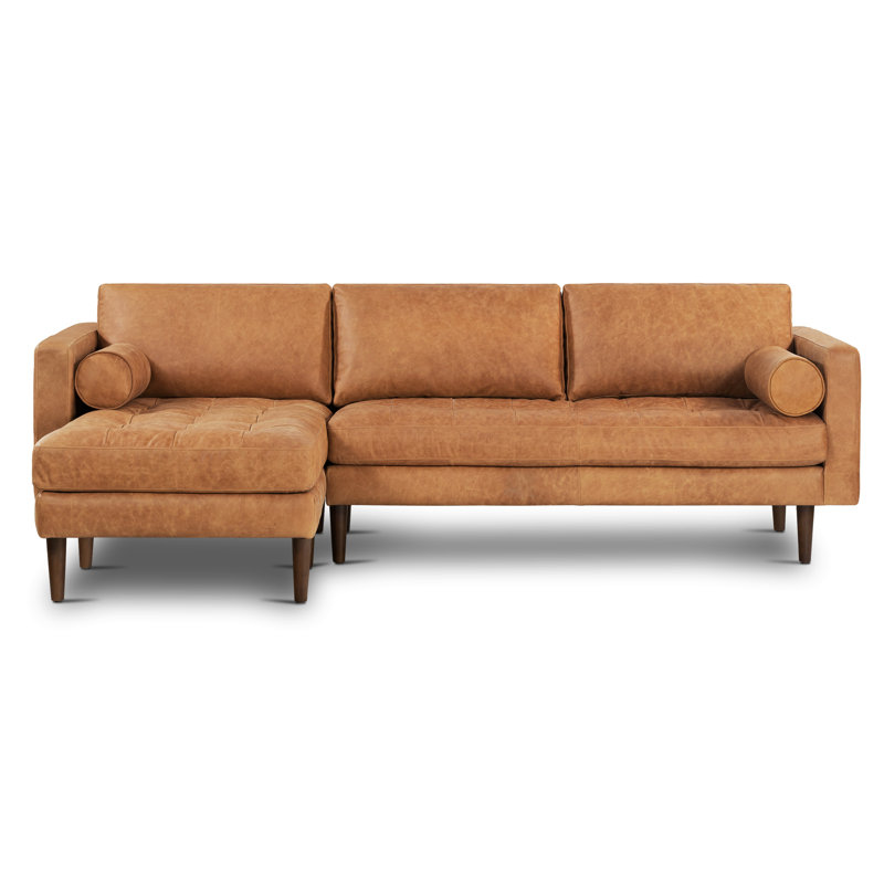 Napa Full-Grain Genuine Italian Leather Sectional, Left Hand Facing, Cognac Tan Genuine Leather