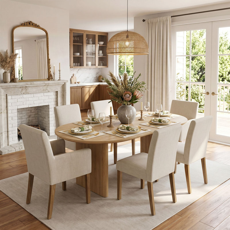 6-Piece Linen Upholstered Solid Wood Dining Chair Set, Beige