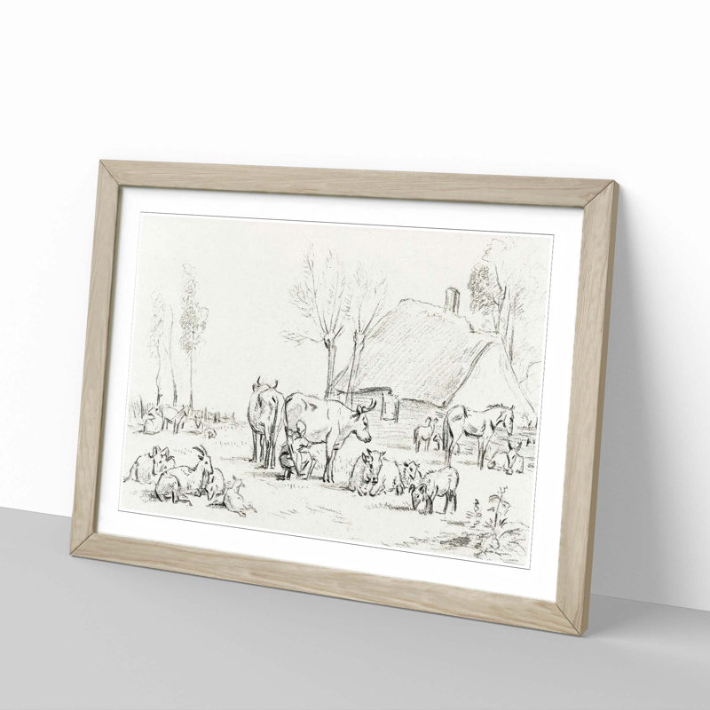 Farm Animals by Jean Bernard - Picture Frame Drawing Print, Oak Framed, 48cm H x 65cm W x 2cm D