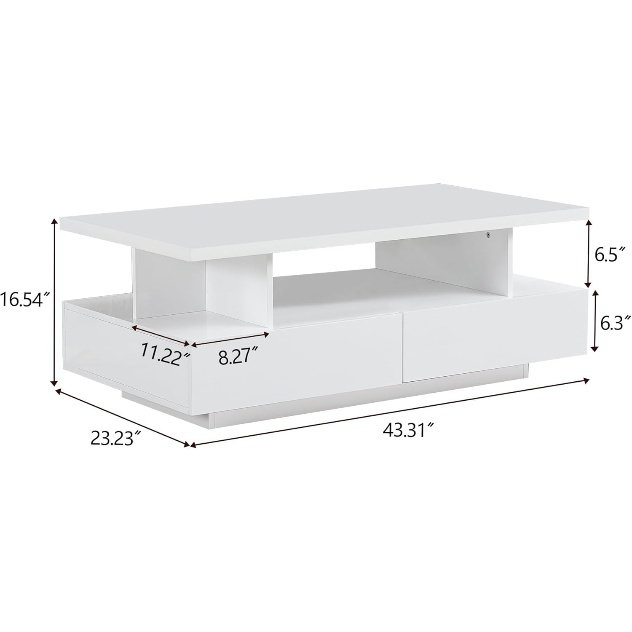 Modern LED High Gloss Coffee Table - 4 Drawers & Open Shelf | Rectangular Wood Centre Table with Storage for Living Room