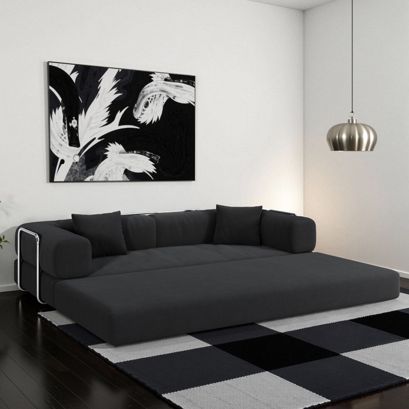 78,8 pouces de sol - Lit sur pied avec, modulaire convertible, couleur grise, profondeur d'assise de 70 cm, bloc de pouding à formes variables en lit double, velours côtelé froissé, conception avec accoudoirs de type L