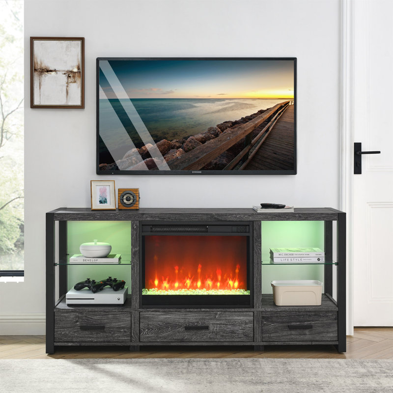 Meuble télé 60 pouces avec foyer et lumières DEL colorées, Chêne foncé