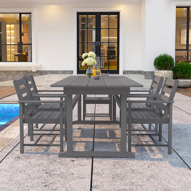 7-Piece Outdoor Dining Set, HDPE Poly Lumber Patio Furniture, 6-Person Rectangular Table with Umbrella Hole, All-Weather Heavy Duty Slatted Design, Fade-Resistant