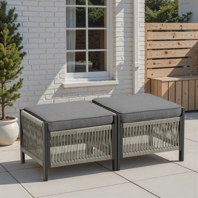 Aurora Modern Rope-weave Outdoor Ottoman – Light Gray-beige Pe Rattan Footrest With Olefin Cushion (beige/dark Gray)