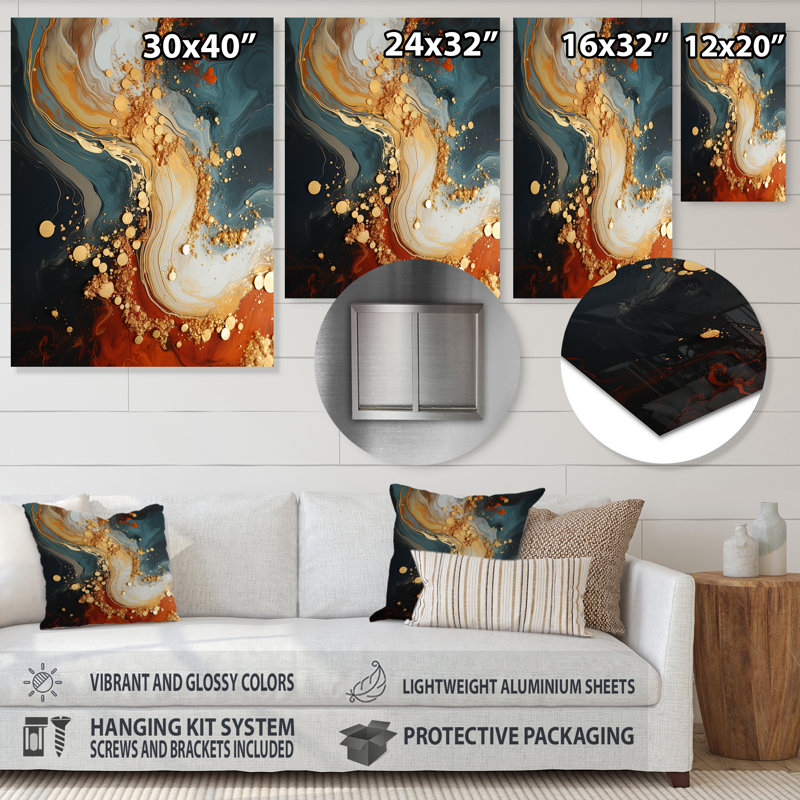 Tempête de pierre blanche, bleue et orange II - art mural abstrait en métal, H 32 po x l 16 po x P 1 po