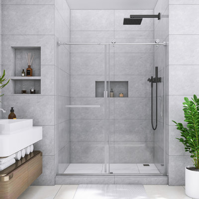 60 In. W X 75 In. H Reversible Sliding Semi-Frameless Shower Door In Chrome Finish