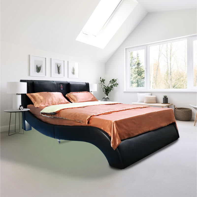 Cadre de lit rembourré en similicuir avec lumières DEL et 30 massages relaxants par vibration, décor moderne grand, Grand lit
