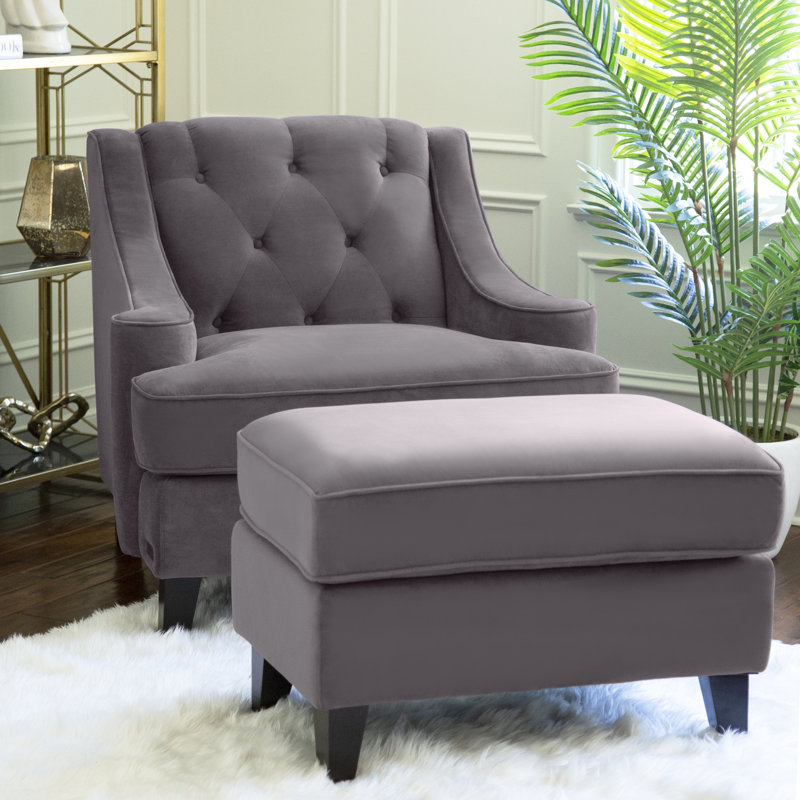 Fauteuil et repose-pieds en velours capitonné Asriel