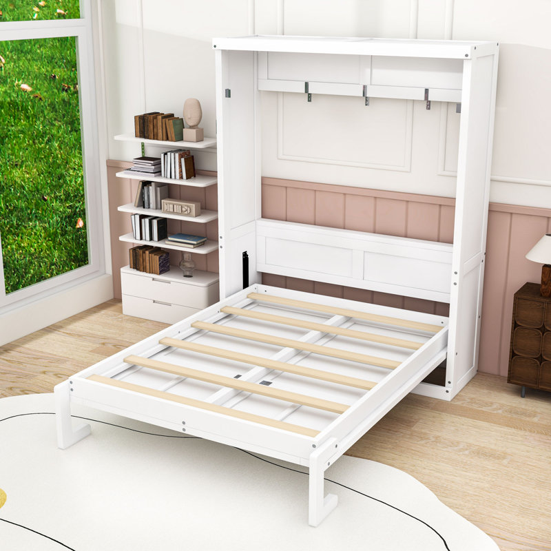 Lit escamotable en bois peu encombrant avec conception d'armoire, Lit double, Blanc