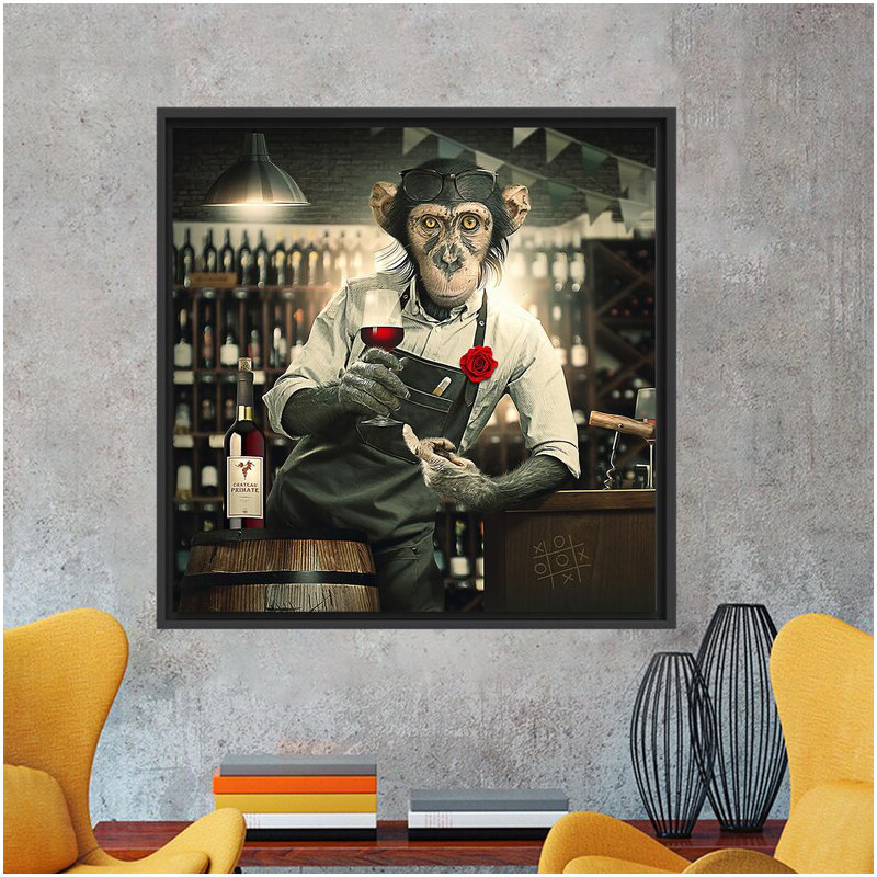 Banksy-Inspired Large Canvas Art featuring Trendy 3D Barmen Monkey - A Perfect Gift, Black Floater Framed, 90 cm H x 90 cm W