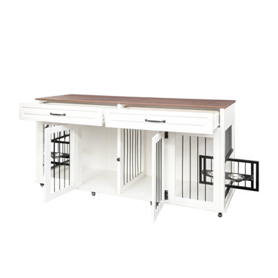 Cage moyenne à grande pour niche - en bois robuste avec portes doubles et tiroirs en blanc et porte en noyer