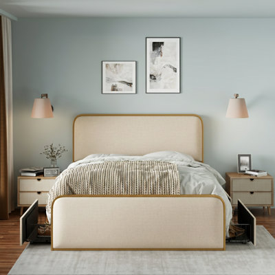 Cadre de lit en métal doré moderne avec tête de lit et pied de lit rembourrés incurvés avec 4 tiroirs de rangement, lattes métalliques robustes, très grand, beige