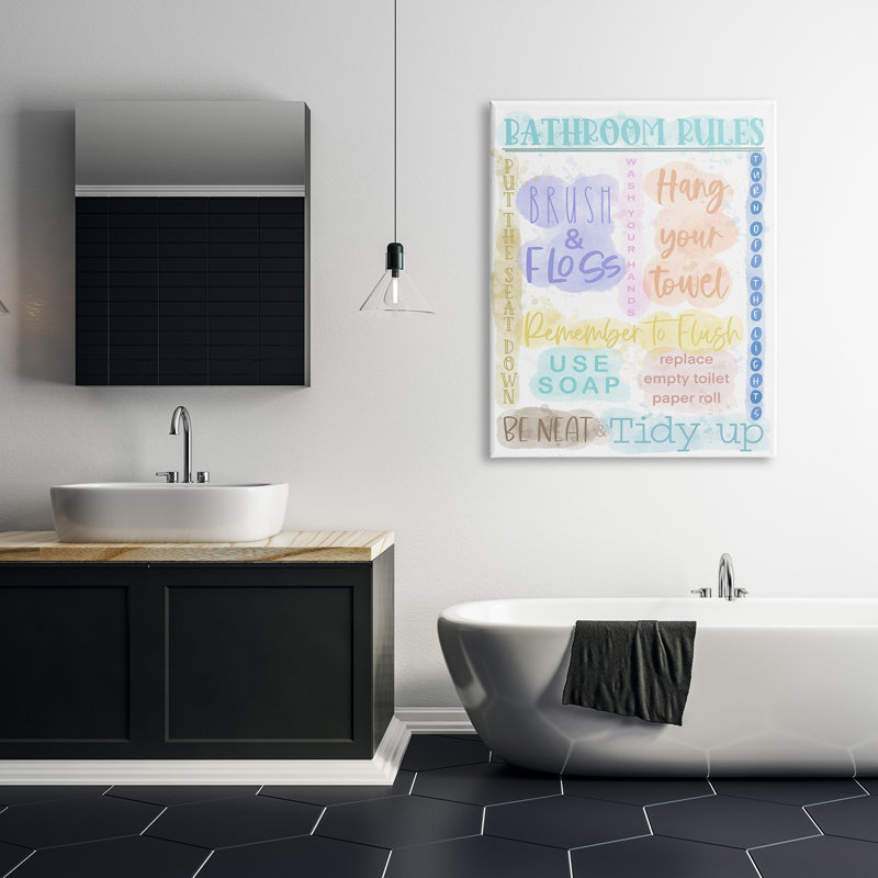 «Fun Bathroom Rules» par Matthew Piotrowicz, H 48 po x l 36 po x P 1,5 po