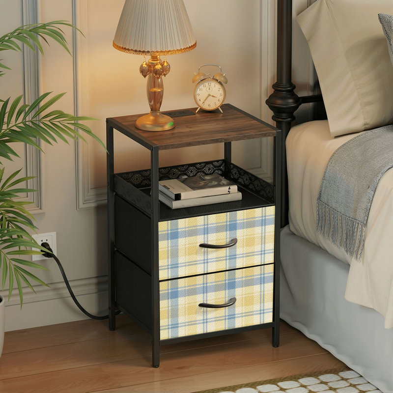  24.2" 2 - Drawer Nightstand Yellow Blue Plaid Soft Pastel Checkered Side Table with Charging Station Iron Frame Bedside Table