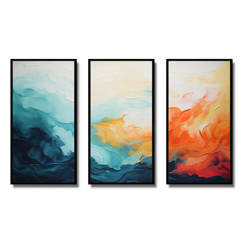 Azur bleu jaune fusion 1 - art mural abstrait, Cadre flottant noir, H 40 po x l 60 po x P 1 po