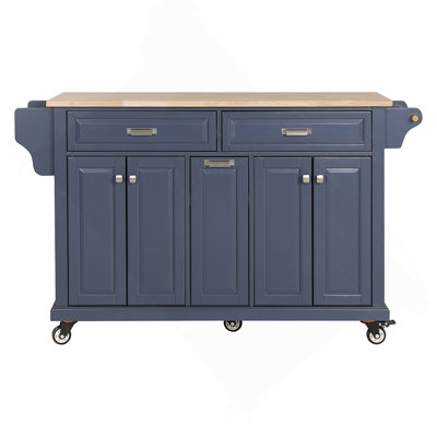 Kitchen Island With Rubber Wood Countertop, Kitchen Cart On 5 Wheels With Storage Cabinet