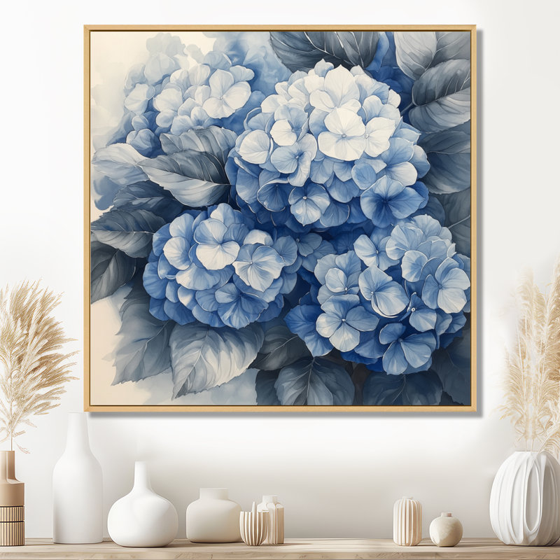 Hortensia grappe avec pétales bleus I - hydrangées, art mural sur toile, H 30 po x l 30 po, Impression encadrée flottante