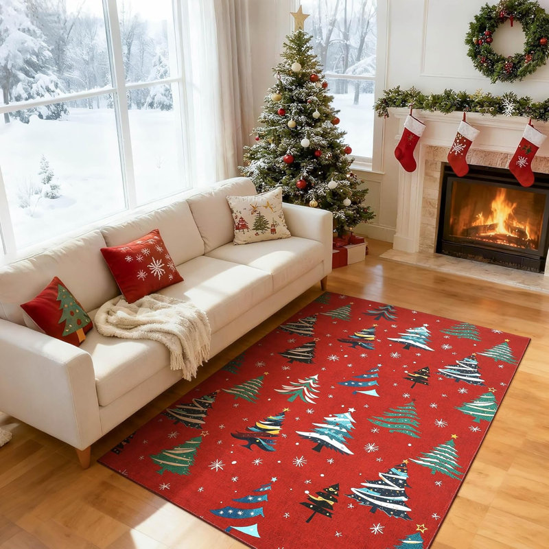 Runner Rug, Christmas Rugs with Xmas Tree Pattern for Holiday Decor, Non Slip Low Pile Washable Rug for Kitchen, Entryway, Living Room, Bedroom, Red