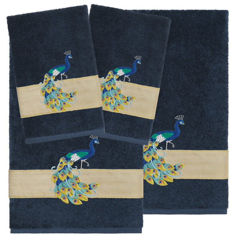 PENELOPE 4PC Embellished Towel Set 4 Piece 100% Turkish Cotton Towel Set, Navy, 3