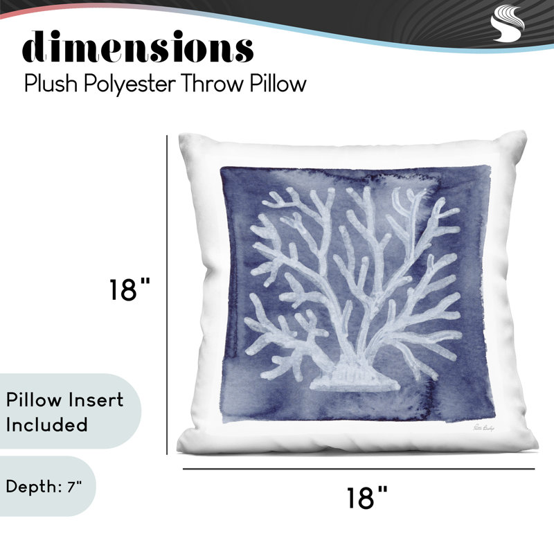Coussin décoratif imprimé corail blanc sur indigo, design par Patti Bishop