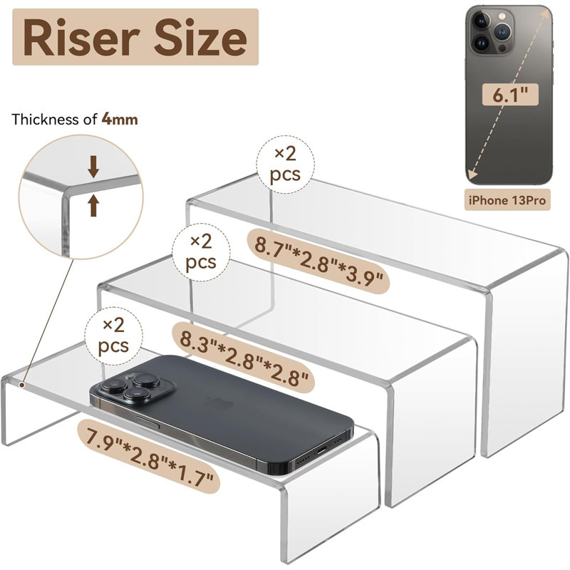 Display Risers, 6 Pcs Rectangular Clear Acrylic Showcase Collectibles Display Stands Suitable For Retail Shoe Showcase Jewellery Funko Pop Figures