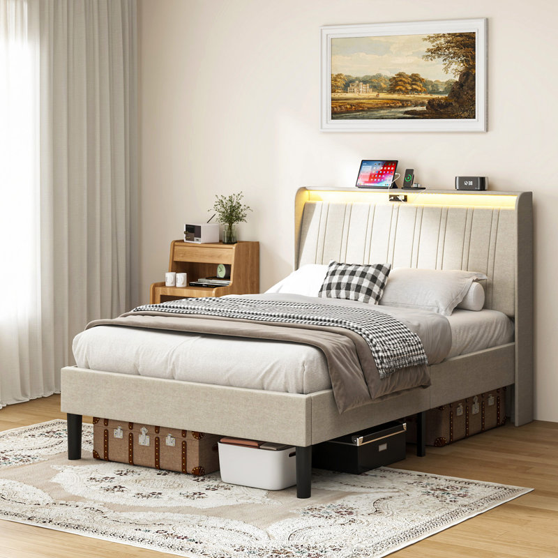 Base de lit plateforme avec tête de lit tapissier et support en lattes de bois, Lit simple
