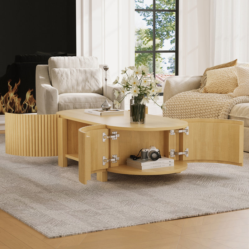 Table basse ovale cannelée avec tablette ouverte et 4 portes de rangement ouvertes, Naturel
