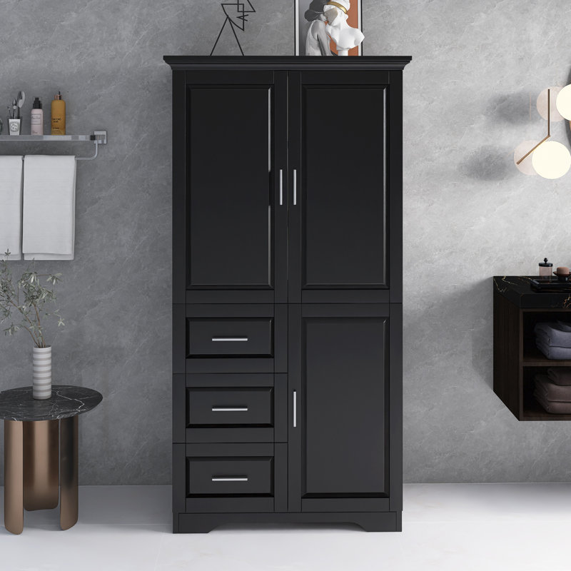 Tall And Wide Storage Cabinet With Doors And Drawers For Bathroom, Office, Living Room, Black