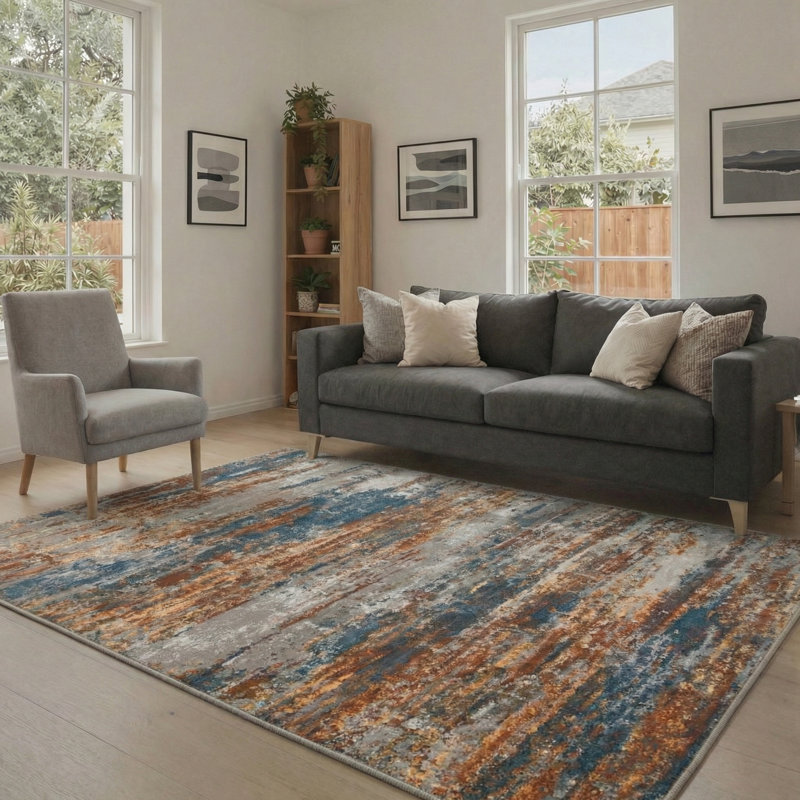 Verve Abstract Brush Strokes Machine Washable Rustic Azure Indoor Area Rug With Non-Slip Backing, Rectangle 5' x 7'