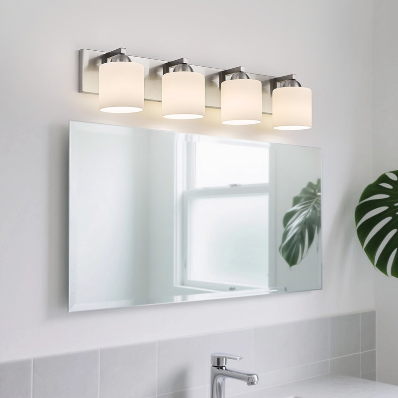 Lepe Metal Vanity Light with Opal Glass Shades, Brushed Nickel, 4, Opal Glass