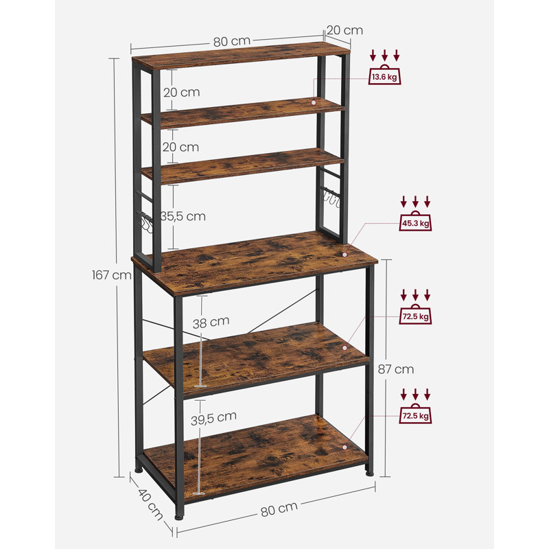 Kitchen Storage Rack 6 Shelves 6 Hooks Steel Frame Baker's Rack for Microwave, 167cm H x 80cm W x 40cm D, Brown/Black