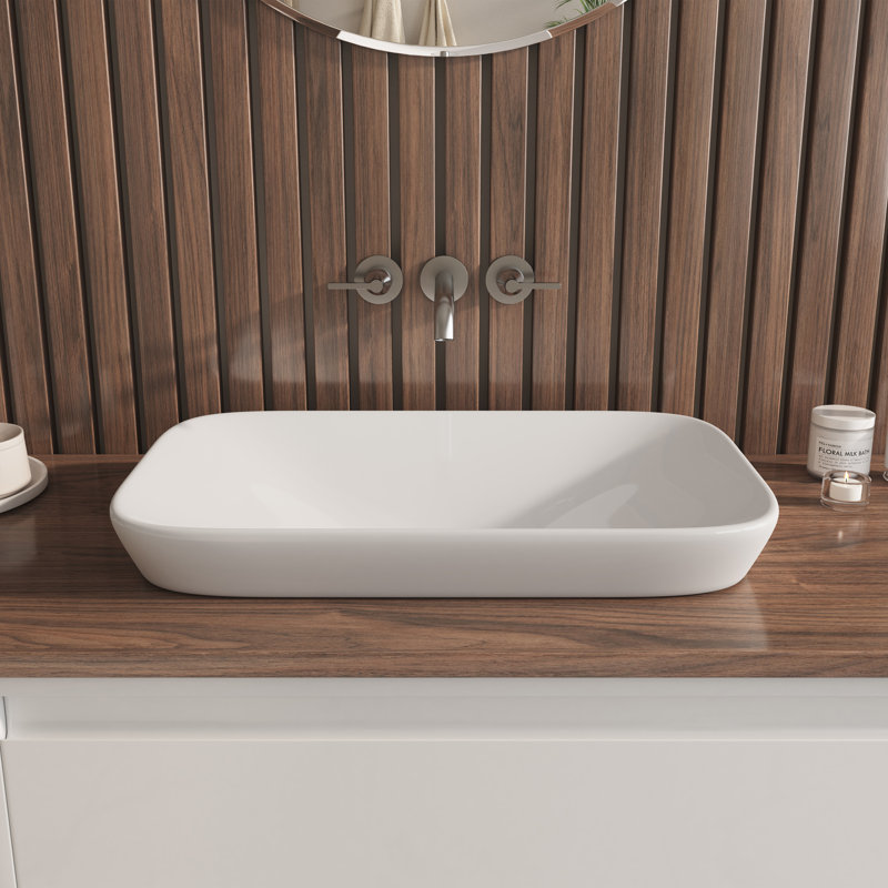Lavabo de salle de bain semi-encastré 21 po x 13 po Salerno, vasque en porcelaine vitrifiée blanche