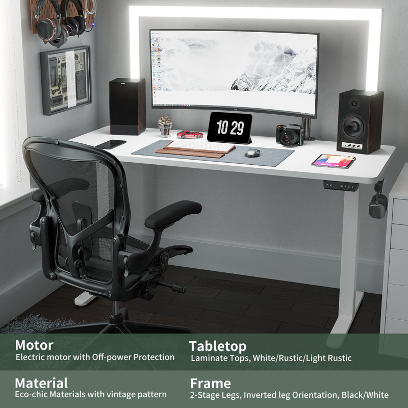 Adjustable Metal Base Standing Desk, 27.00" H x 55.00" W x 24.00" D, White/White