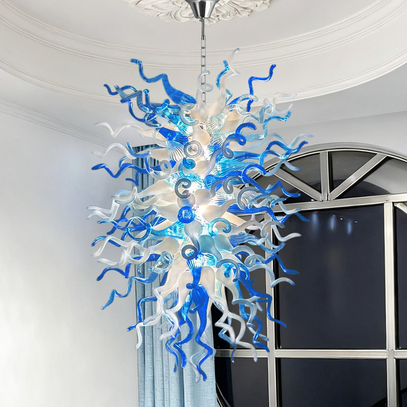 Grand lustre bleu luxueux en verre soufflé à la main avec ampoules, 6