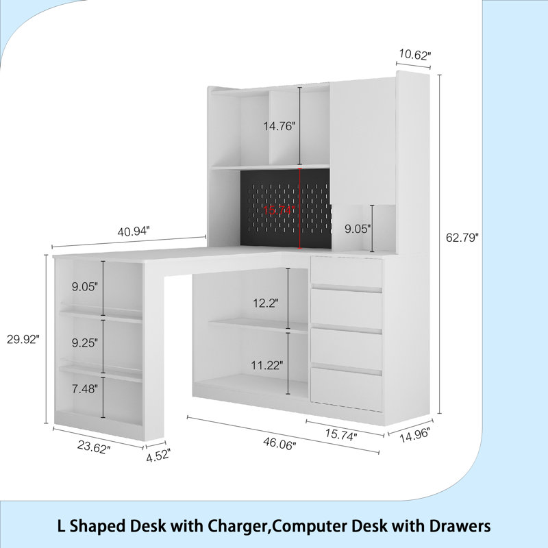 Bureau en L, bureau d'ordinateur avec tiroirs, bibliothèque, avec éclairage à DEL, bureau d'angle moderne, bureau à domicile, bureau d'écriture en L, bureau d'ordinateur de coin avec rangement