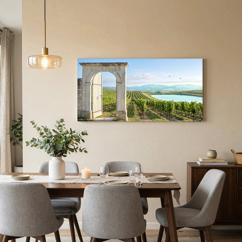 «Stone Archway View of Green Vineyard Rows and Blue Lake», art mural sur toile, L 40 po x H 20 po