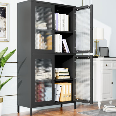 4-shelves Metal Display Cabinet With Classic Design For Home Living Room - Black Adjustable Shelves And Thoughtful Details Office