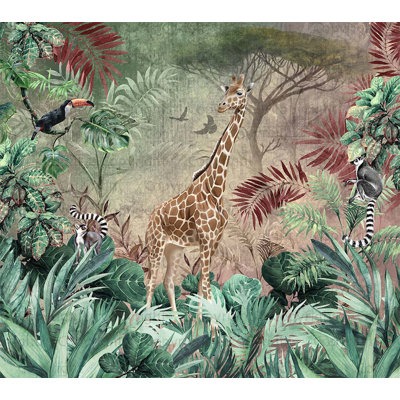 Enchanting Safari Wallpaper Mural Giraffe And Lemurs