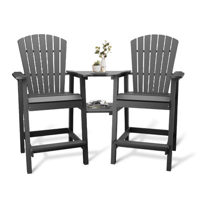Set of 2 All-Weather Recycled Poly Adirondack Bar Chairs, High Back with Connecting Tray, Weather Resistant Outdoor Patio or Deck Barstools, Easy Assembly (Grey)