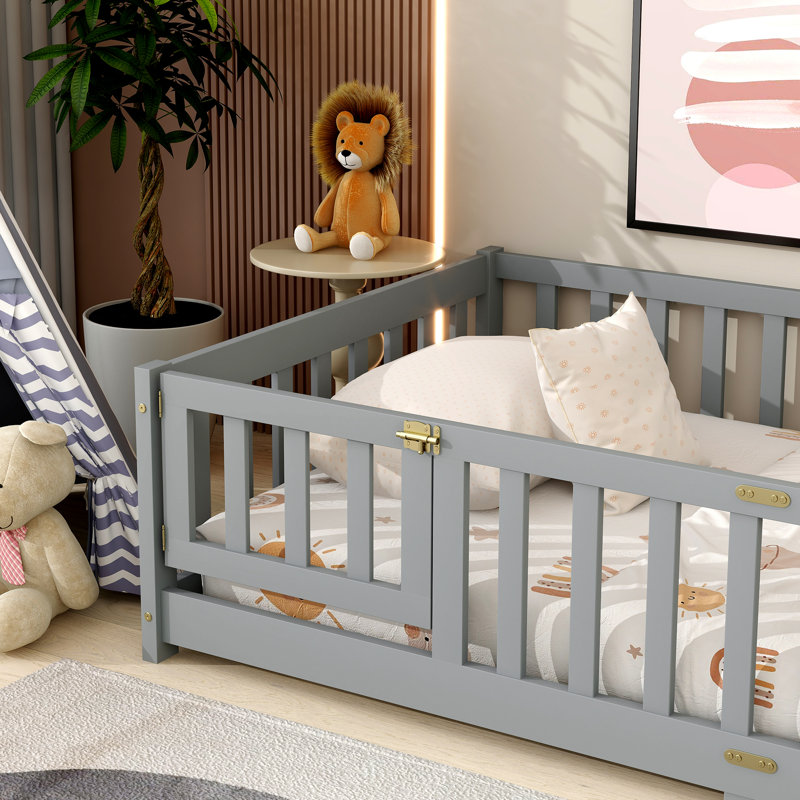 Twin Floor Bed Grey Rubber Wood Fence Door Safety, Gray, Twin