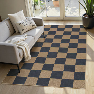 Checkered Jute Indoor Outdoor Rug Washable Non Slip 3X5 Blue