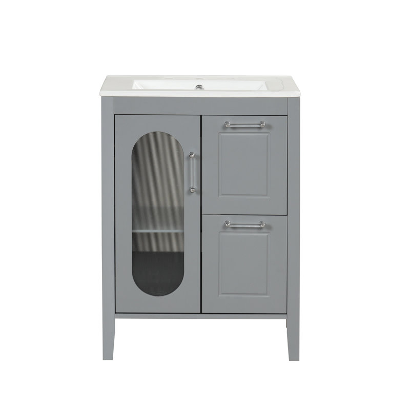 Meuble-lavabo 24 po avec lavabo, meuble-lavabo avec deux tiroirs et porte, tablette réglable, bois massif et panneau de fibres à densité moyenne, gris