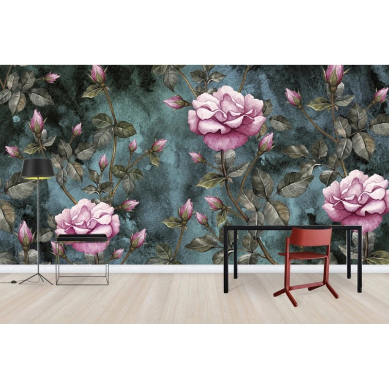 Papier peint amovible avec fond noir et fleurs roses, L 9 po x l 15 po