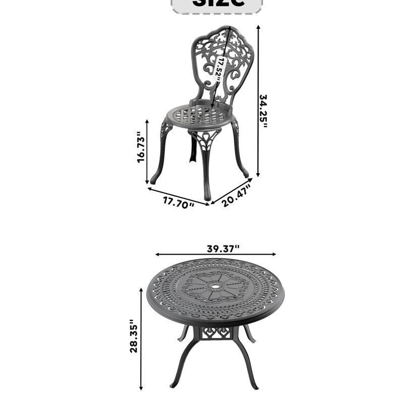 Mobilier de salle à manger d'extérieur en fonte toutes saisons, 3 pièces, noir, aspect élégant, finition, 2 places, 3 chaises de patio, motifs traditionnels, matériaux, résistance aux intempéries