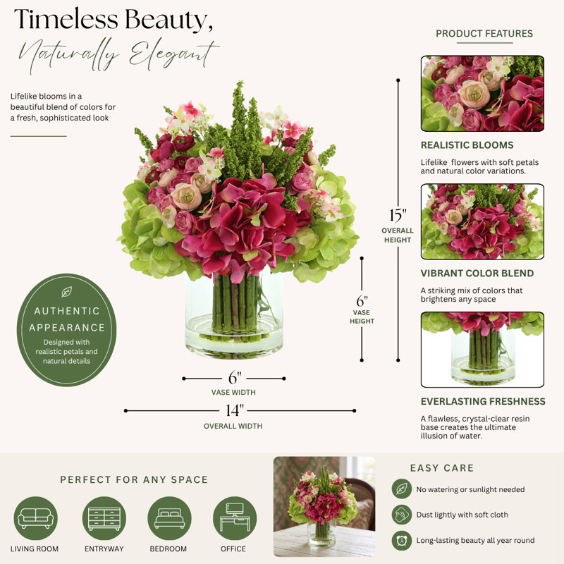 Arrangement floral d'hortensias, de renoncules et de cerisiers en fleurs dans un vase, Pink/Green