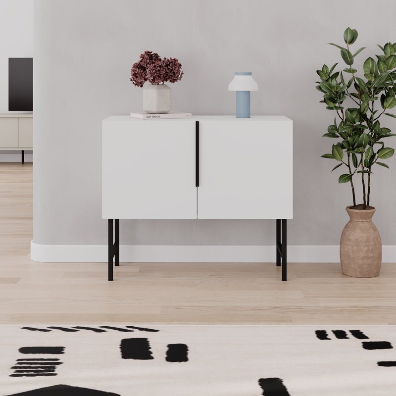  Modern Console Cabinet With Black Metal Legs, Living Room, White