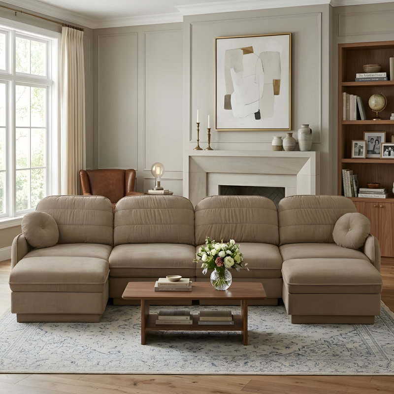 U-shaped sofa, deep-seated sofa with a removable ottoman, 37.4" H x 137" W x 57.8" D, Light Coffee Chenille