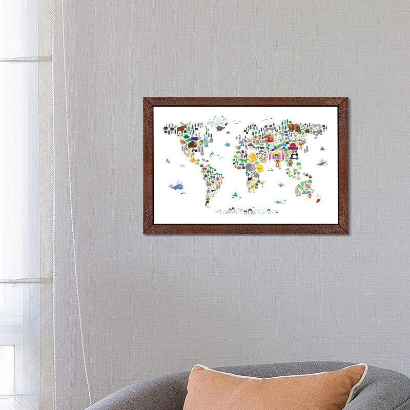 Animal Map Of The World by Michael Tompsett - Print on Canvas, 152.5 cm H x 101.5 cm W, Brown Framed